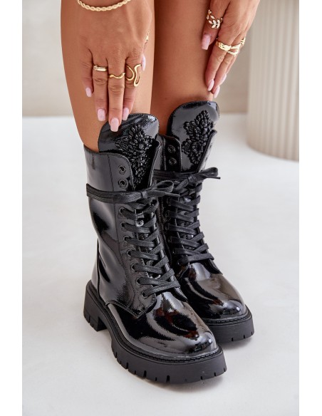 Lacquered Insulated Work Boots With Decoration Black Kelilea