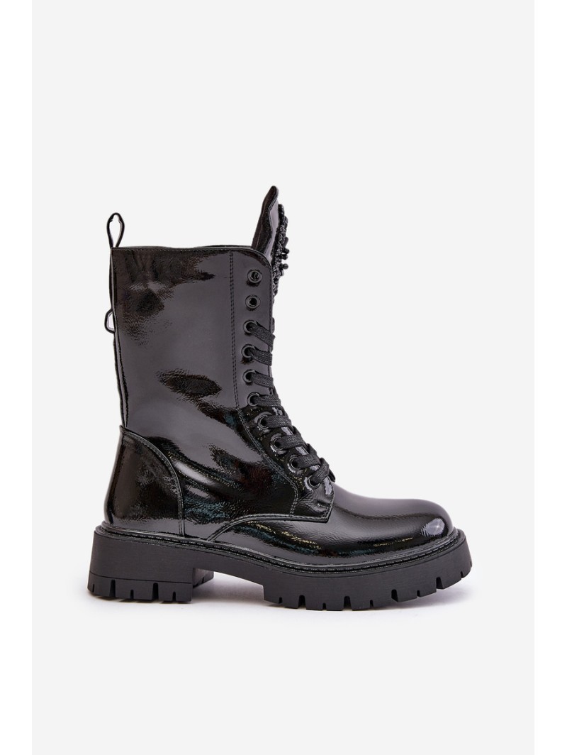 Lacquered Insulated Work Boots With Decoration Black Kelilea