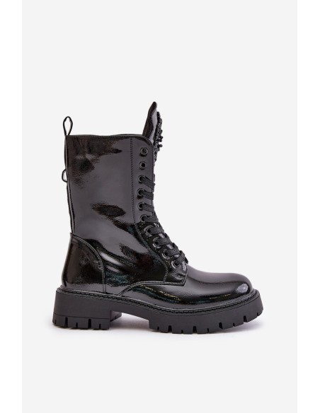 Lacquered Insulated Work Boots With Decoration Black Kelilea