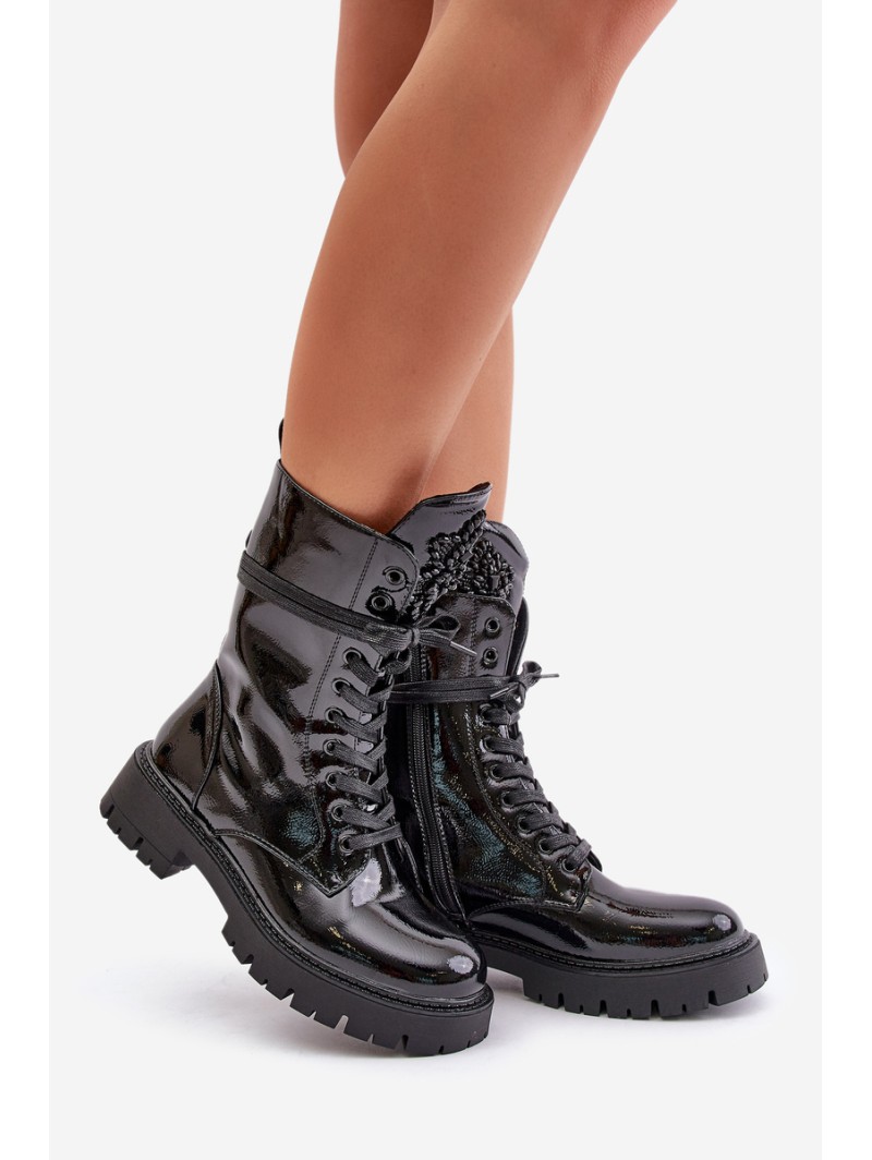 Lacquered Insulated Work Boots With Decoration Black Kelilea
