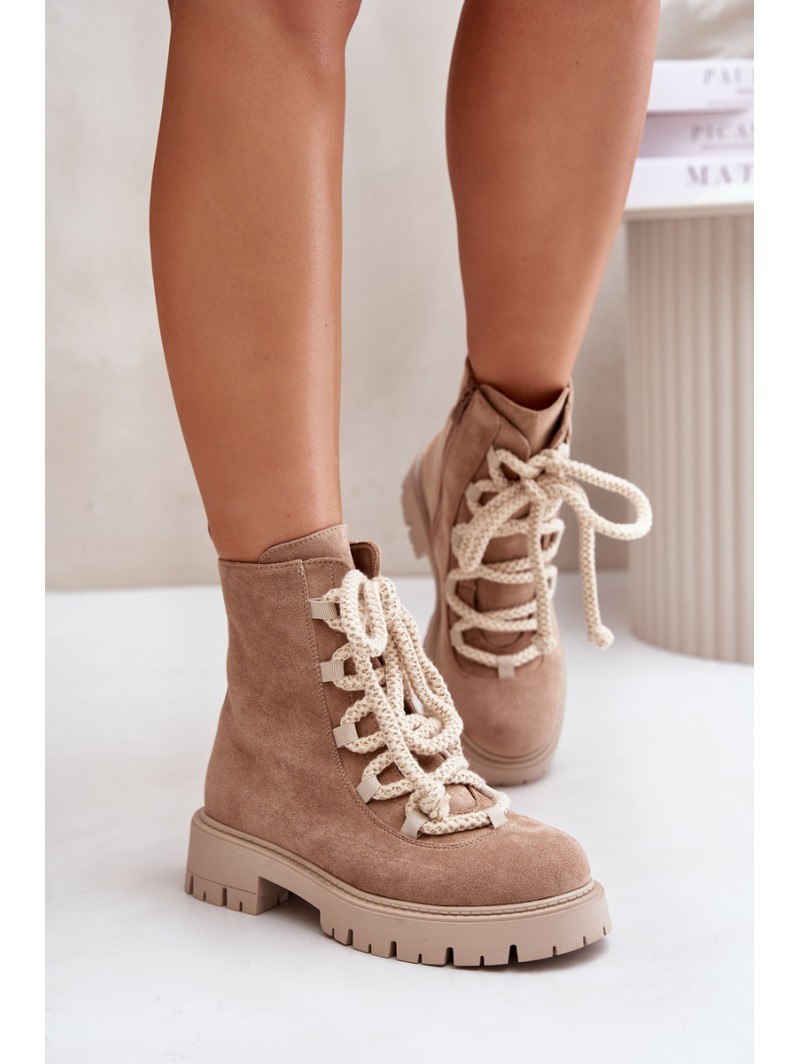 Warm ankle boots made of eco suede with a zipper beige Caellita