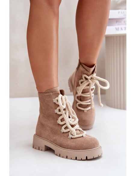 Warm ankle boots made of eco suede with a zipper beige Caellita