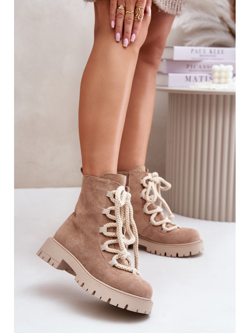 Warm ankle boots made of eco suede with a zipper beige Caellita