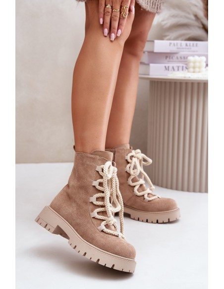 Warm ankle boots made of eco suede with a zipper beige Caellita