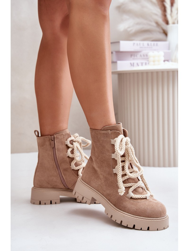 Warm ankle boots made of eco suede with a zipper beige Caellita