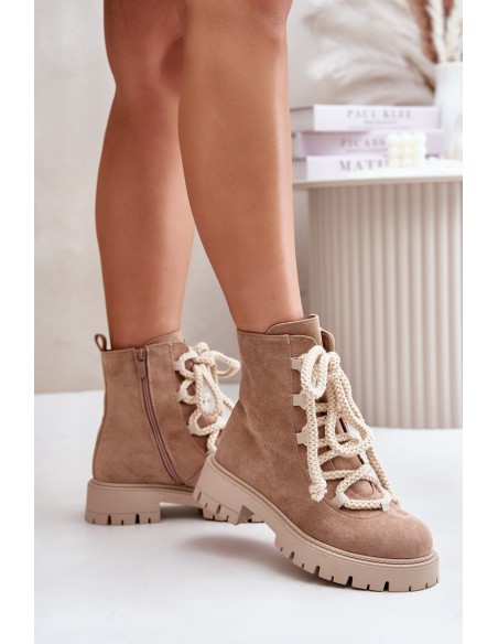 Warm ankle boots made of eco suede with a zipper beige Caellita