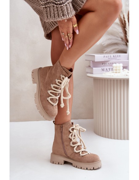 Warm ankle boots made of eco suede with a zipper beige Caellita