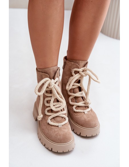 Warm ankle boots made of eco suede with a zipper beige Caellita