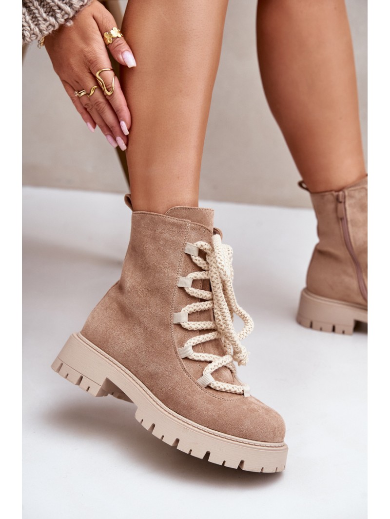 Warm ankle boots made of eco suede with a zipper beige Caellita