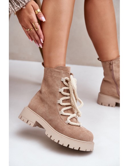 Warm ankle boots made of eco suede with a zipper beige Caellita
