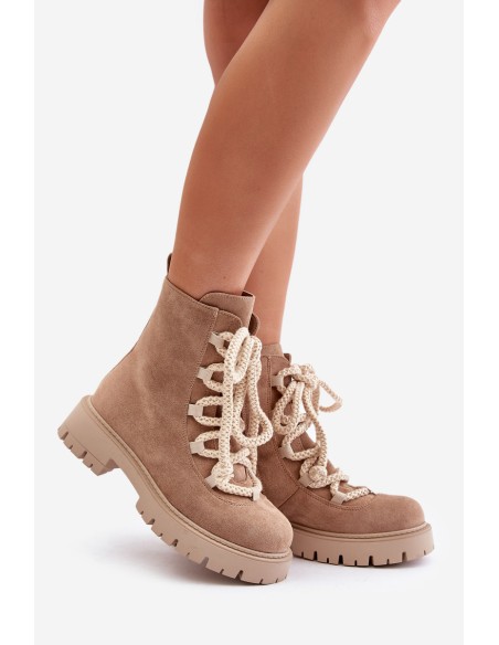 Warm ankle boots made of eco suede with a zipper beige Caellita