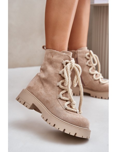Warm ankle boots made of eco suede with zipper light beige Caellita
