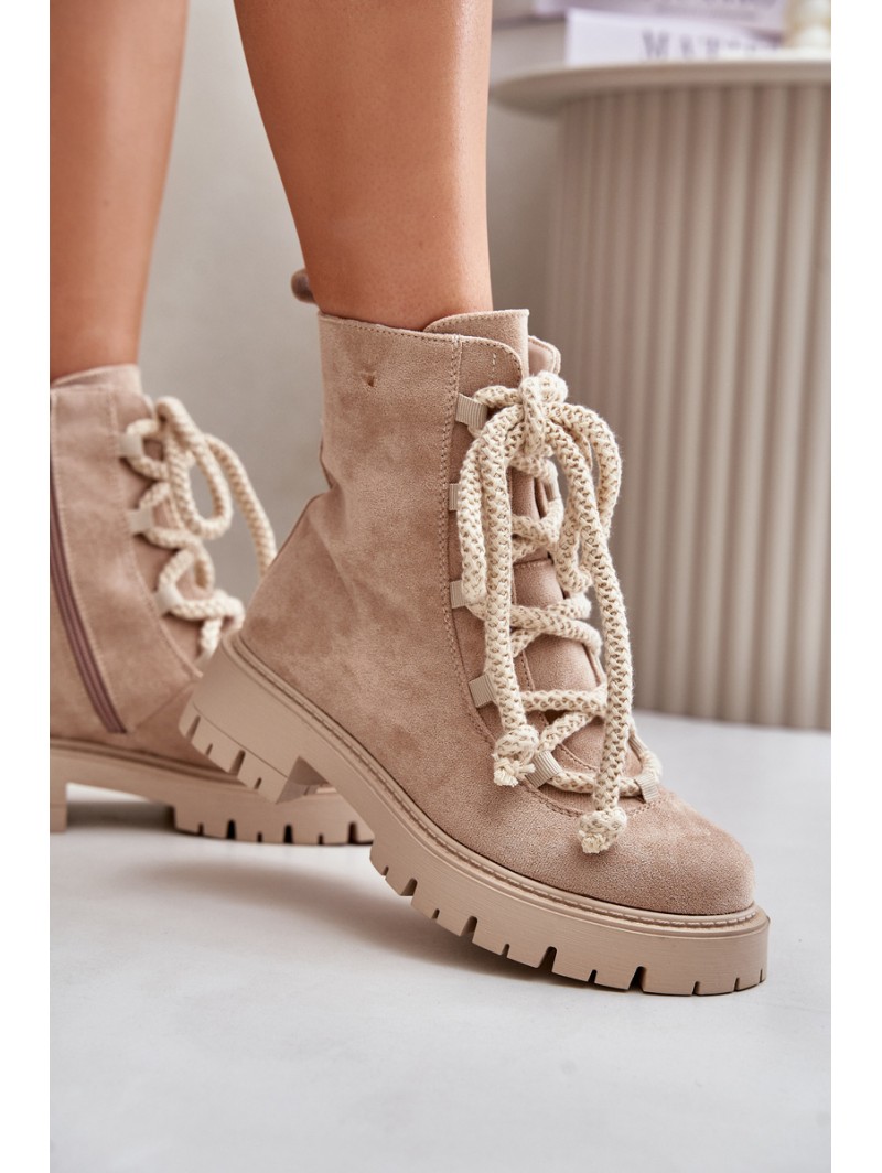Warm ankle boots made of eco suede with zipper light beige Caellita
