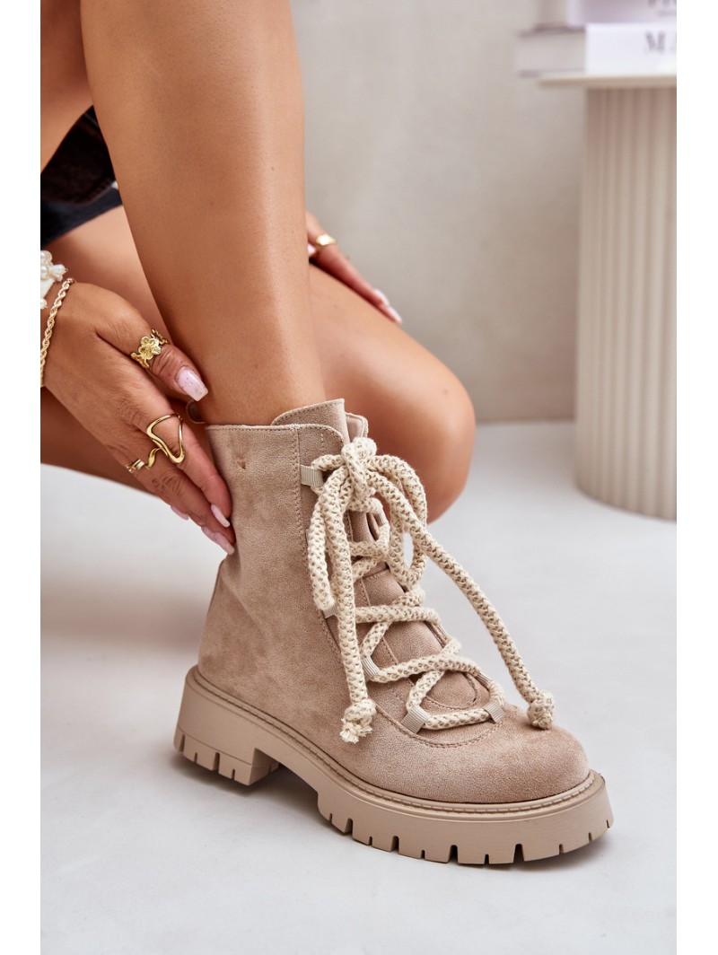 Warm ankle boots made of eco suede with zipper light beige Caellita
