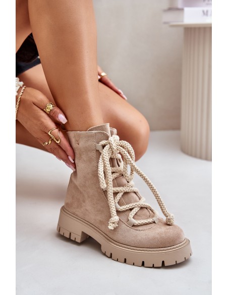 Warm ankle boots made of eco suede with zipper light beige Caellita