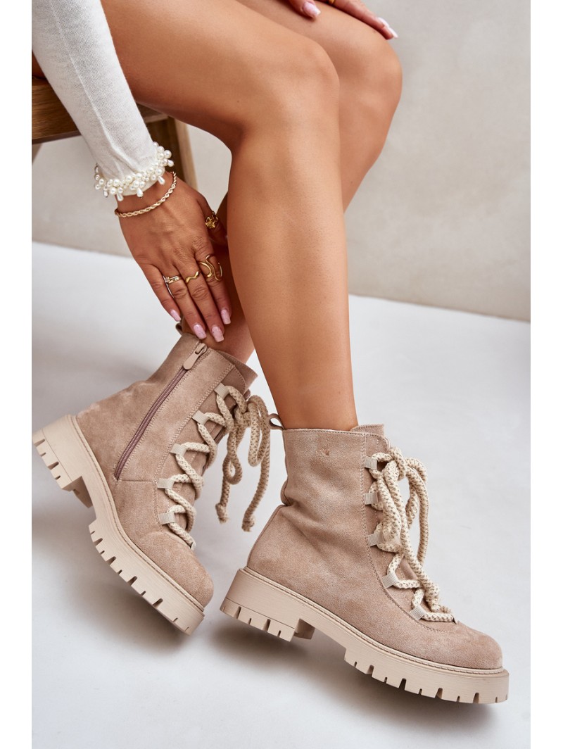 Warm ankle boots made of eco suede with zipper light beige Caellita