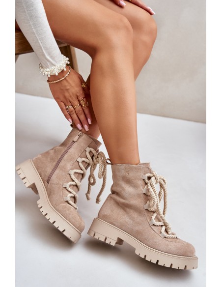Warm ankle boots made of eco suede with zipper light beige Caellita