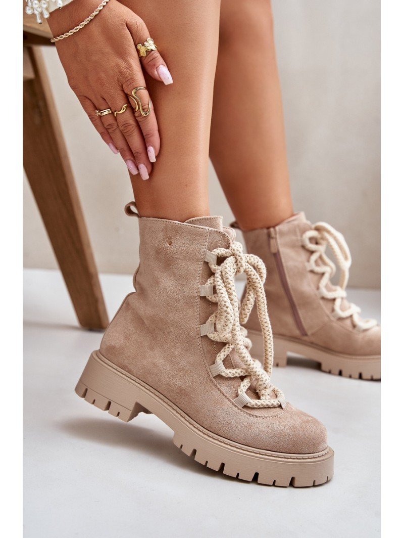 Warm ankle boots made of eco suede with zipper light beige Caellita