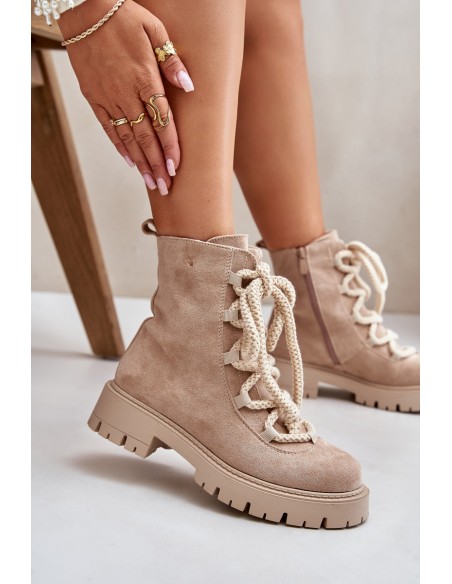 Warm ankle boots made of eco suede with zipper light beige Caellita