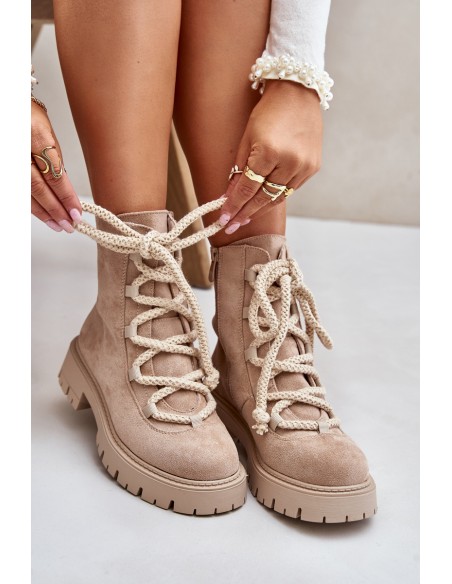 Warm ankle boots made of eco suede with zipper light beige Caellita
