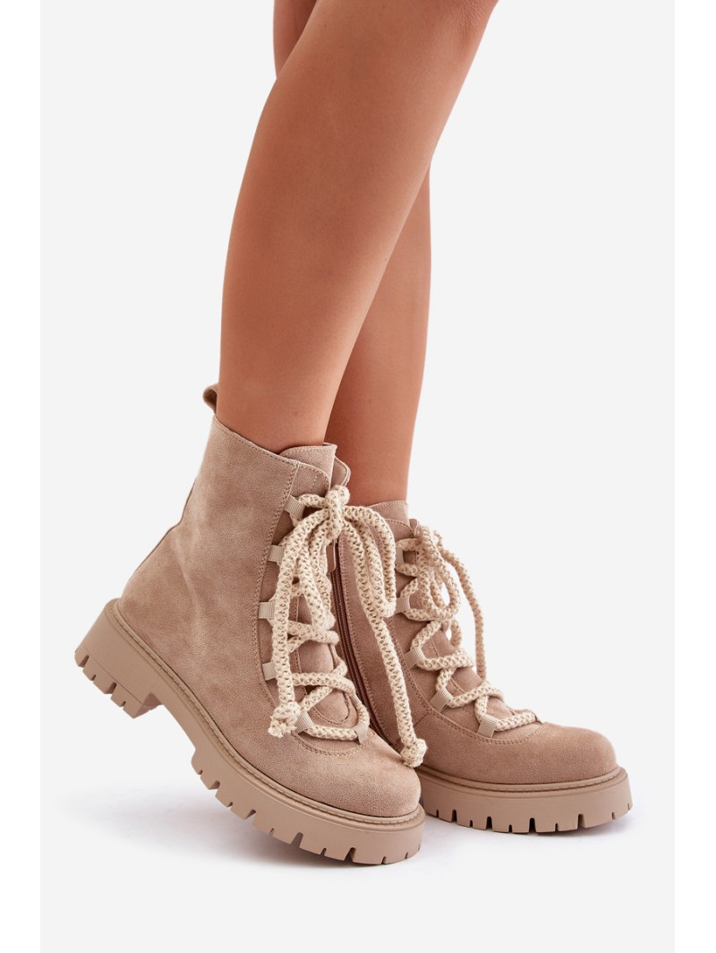 Warm ankle boots made of eco suede with zipper light beige Caellita