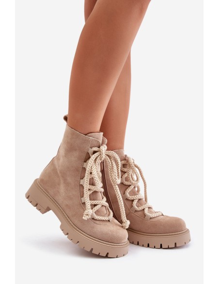 Warm ankle boots made of eco suede with zipper light beige Caellita