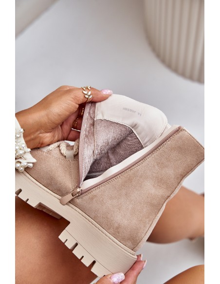 Warm ankle boots made of eco suede with zipper light beige Caellita