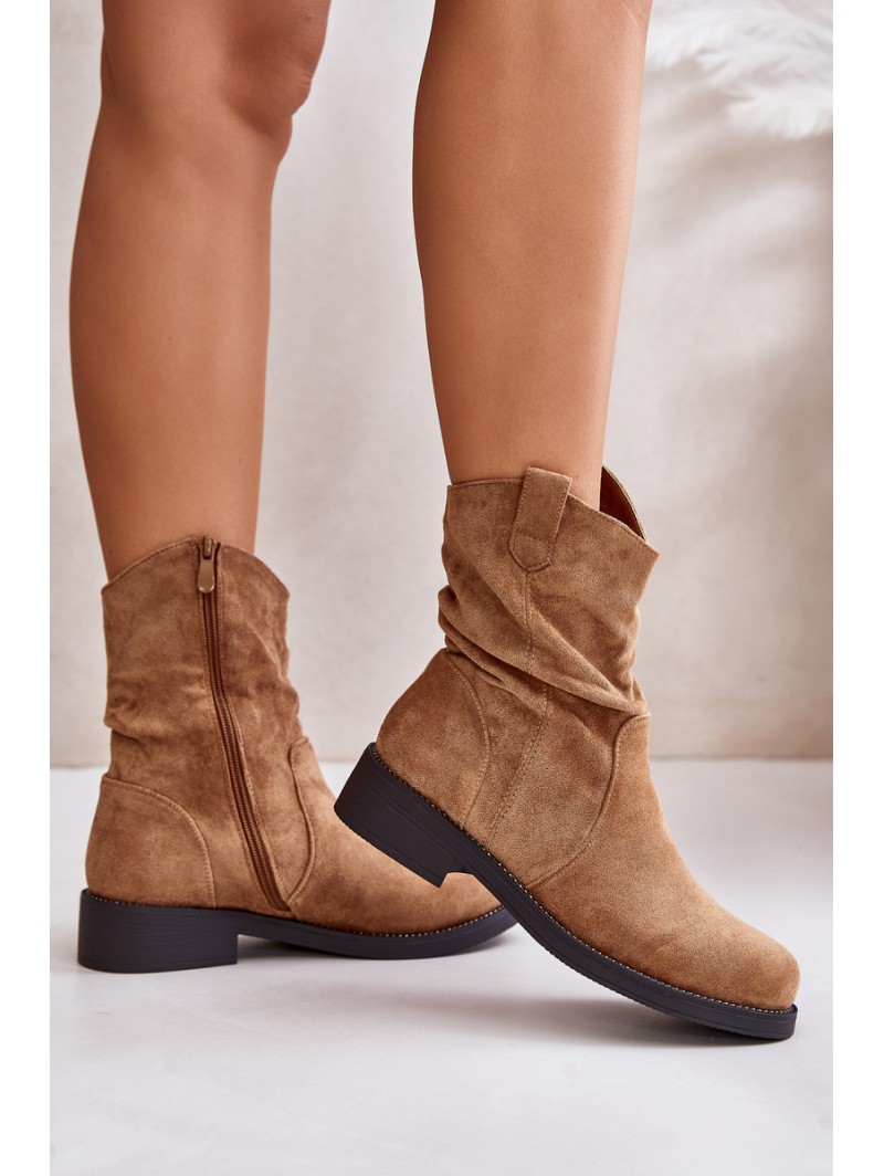 Warm Women's Ankle Boots With Gathered Shaft And Decoration Camel Etteara