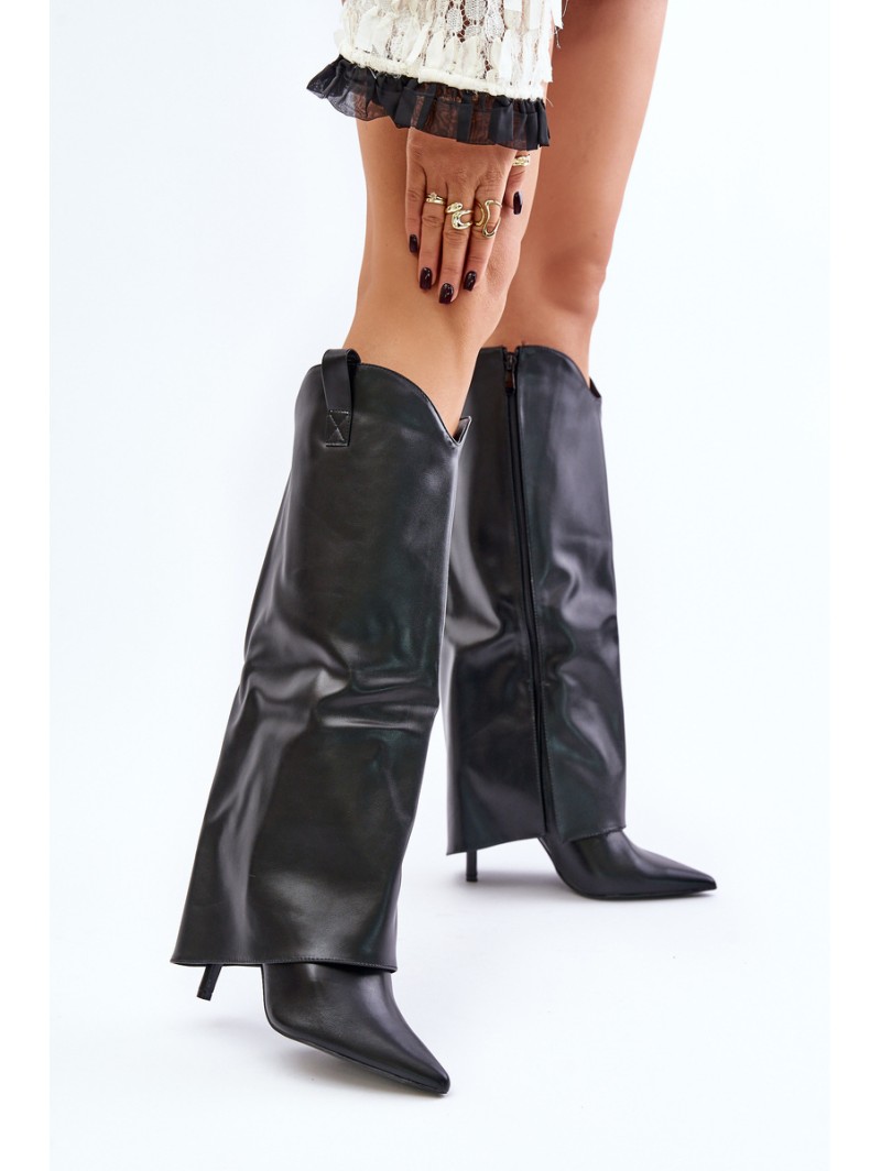 High Heeled Boots With Rolled Up Shaft Black Bellinna