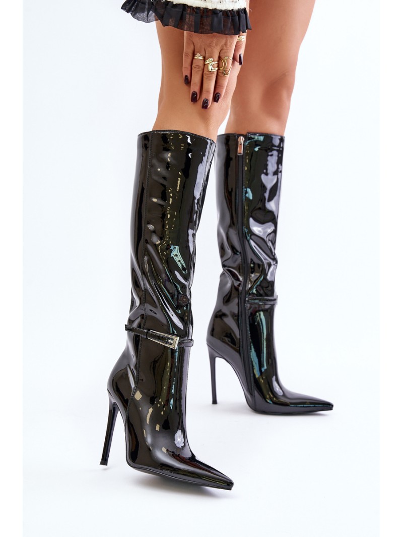 Lacquered Insulated Stiletto Boots With Buckle Black Tameliae