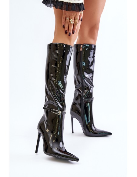 Lacquered Insulated Stiletto Boots With Buckle Black Tameliae