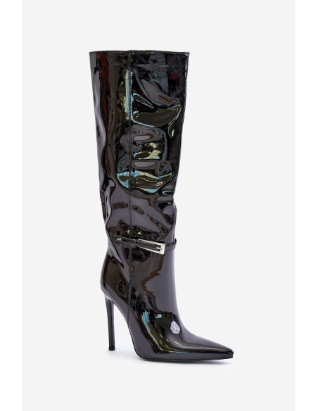 Lacquered Insulated Stiletto Boots With Buckle Black Tameliae