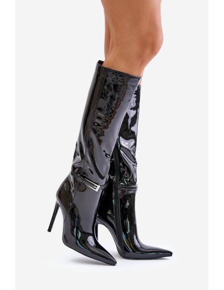 Lacquered Insulated Stiletto Boots With Buckle Black Tameliae