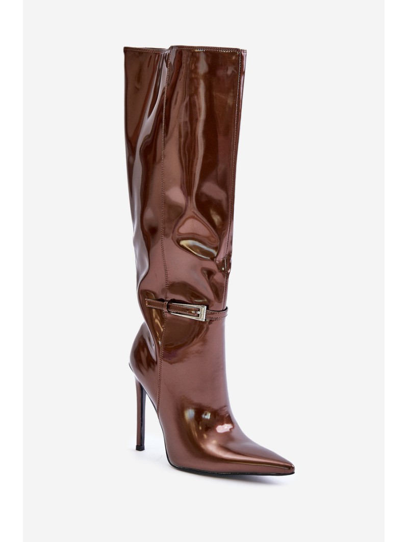 Lacquered insulated boots on a stiletto heel with a buckle brown Tameliae