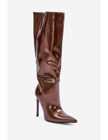 Lacquered insulated boots on a stiletto heel with a buckle brown Tameliae