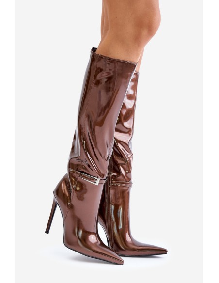 Lacquered insulated boots on a stiletto heel with a buckle brown Tameliae