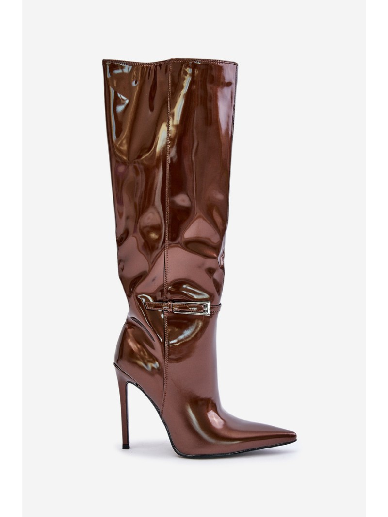 Lacquered insulated boots on a stiletto heel with a buckle brown Tameliae