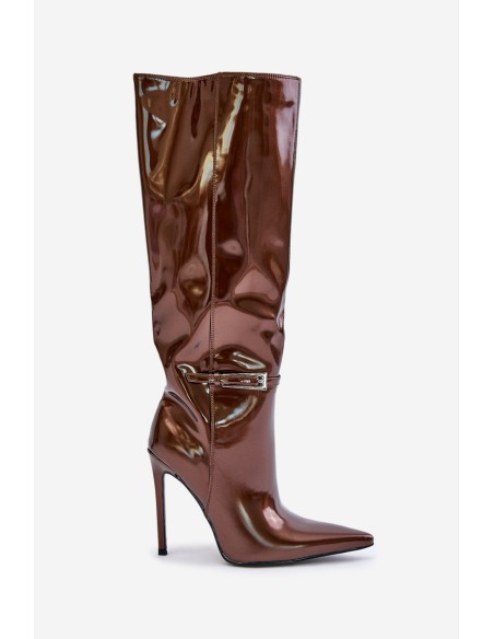 Lacquered insulated boots on a stiletto heel with a buckle brown Tameliae