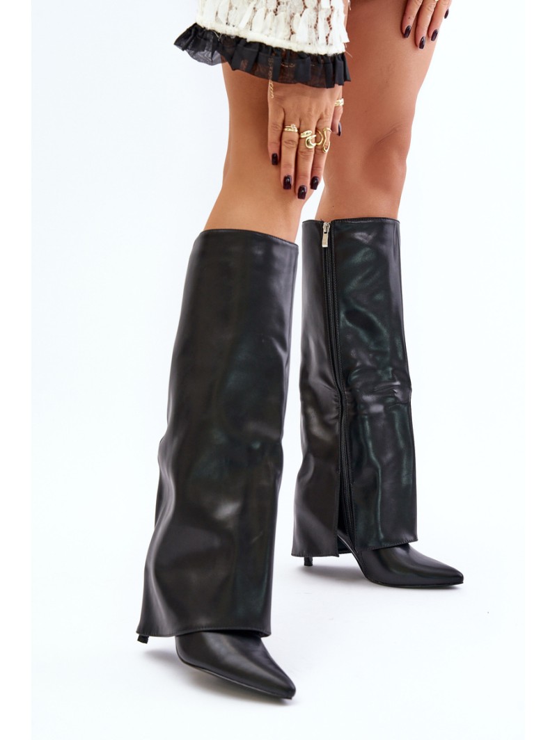 Warm Heeled Boots with Rolled Shaft Black Tamonia