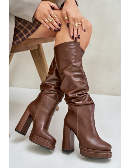 Slip-On Knee-High Boots With Heels And Platform With Gathering Insulated Brown Beridra
