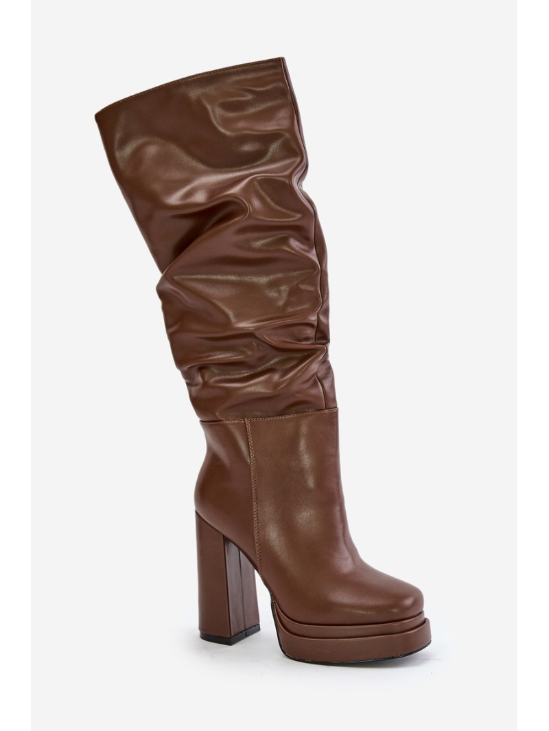 Slip-On Knee-High Boots With Heels And Platform With Gathering Insulated Brown Beridra