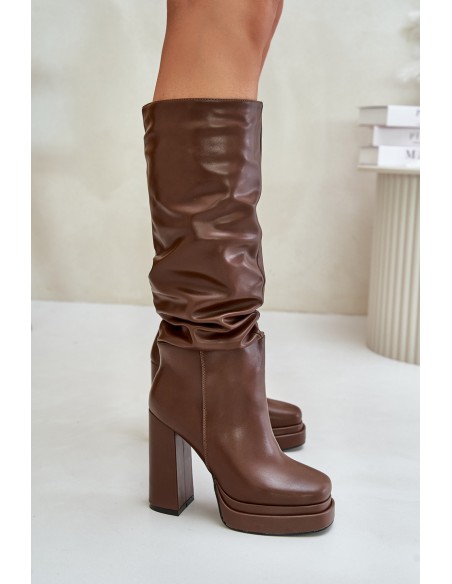 Slip-On Knee-High Boots With Heels And Platform With Gathering Insulated Brown Beridra