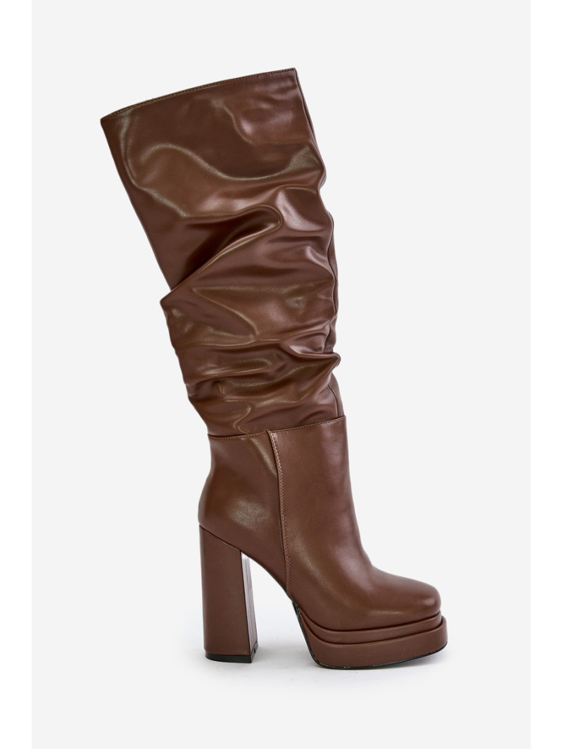 Slip-On Knee-High Boots With Heels And Platform With Gathering Insulated Brown Beridra