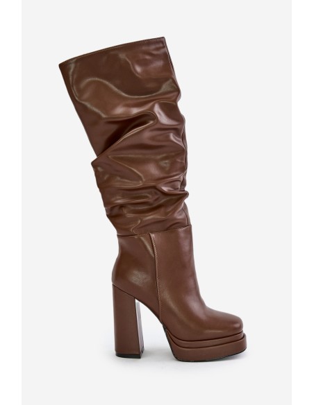 Slip-On Knee-High Boots With Heels And Platform With Gathering Insulated Brown Beridra