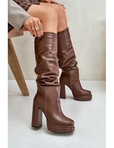 Slip-On Knee-High Boots With Heels And Platform With Gathering Insulated Brown Beridra