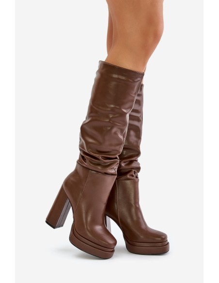Slip-On Knee-High Boots With Heels And Platform With Gathering Insulated Brown Beridra