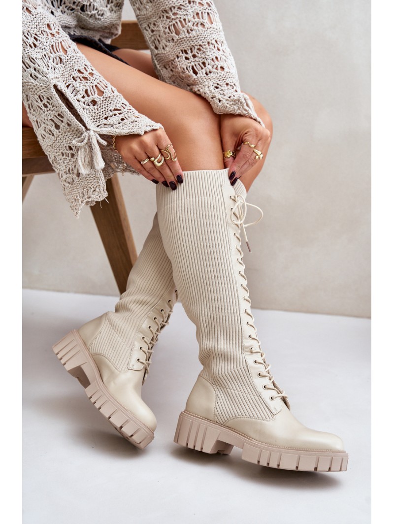 Women's Sock Boots with Laces on Flat Heel Beige Vamisha