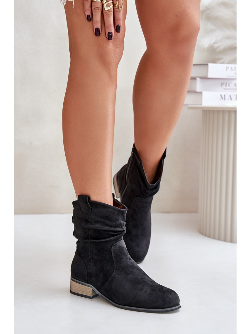 Warm Ankle Boots With Ruching On Low Heel Black Elletinnia