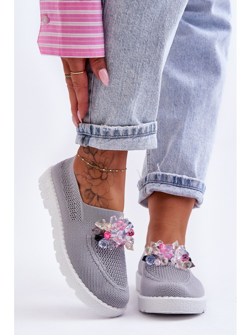 Women's Slip-On Sneakers with Stones Grey Simple