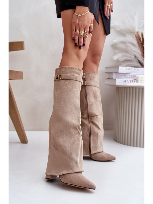 Women's Eco Suede Boots With Rolled Top On Heel Beige Bralise
